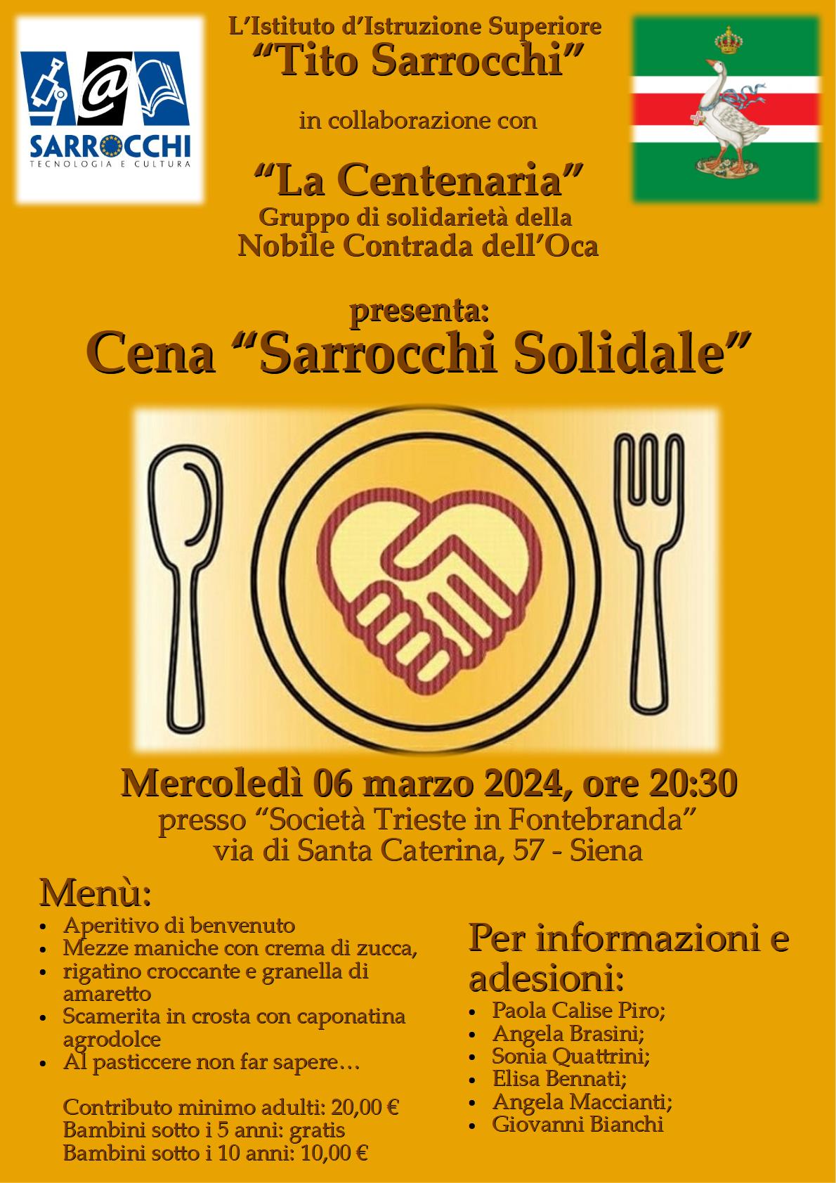Cena Sarrocchi Solidale mercoledì 6 marzo 2024